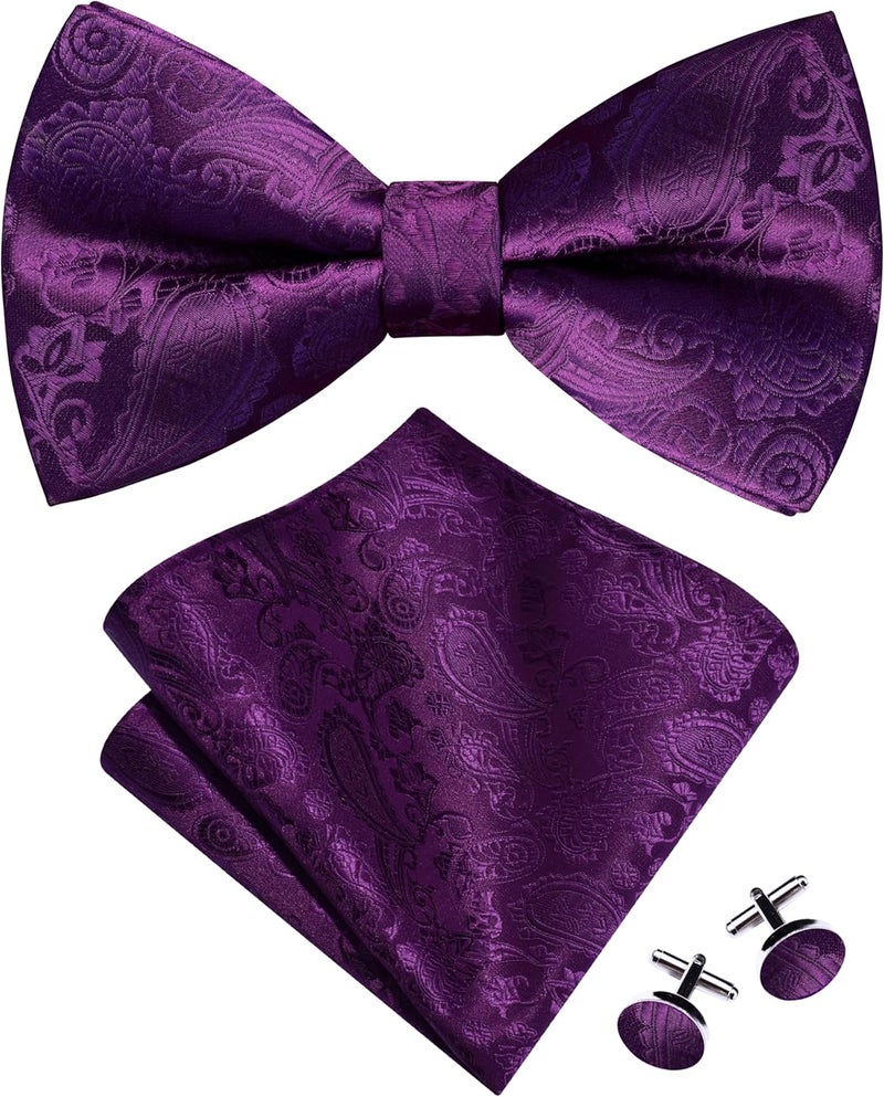 GUSLESON Mens Paisley Bow Tie Handkerchief Jacquard Woven Adjustable Pre-Tied Bowties Pocket Square Cufflinks Set - Image 1